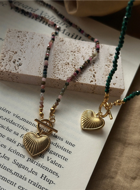 安小柏◆欧美度假风 天然石串珠金色爱心项链碧玺锁骨链叠戴小众