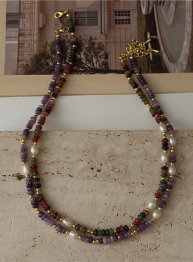 安小柏◆夏季新款天然石串珠彩色锁骨链淡水珍珠间隔项链叠戴女