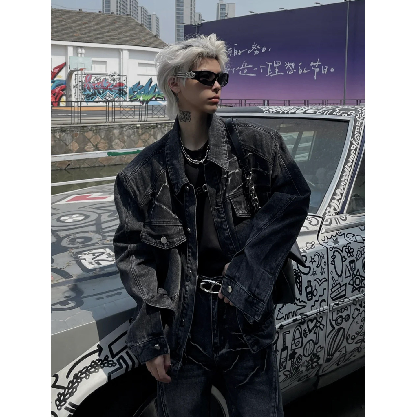 闪电水波纹设计感牛仔套装男小众春秋美式机车朋克长裤夹克两件套,淘宝优惠券,粉丝福利购,淘宝优惠卷