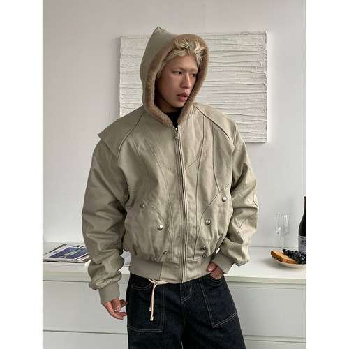 座山雕连帽加绒夹克外套男女宽松美式cleanfit廓形结构感工装棉服 - 图0