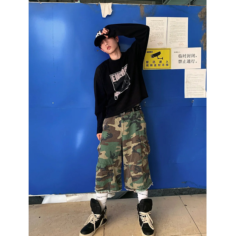 vintage街头迷彩风格牛仔短裤男款夏季美式复古宽松阔腿七分裤子,淘宝优惠券,粉丝福利购,淘宝优惠卷