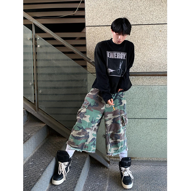 vintage街头迷彩风格牛仔短裤男款夏季美式复古宽松阔腿七分裤子,淘宝优惠券,粉丝福利购,淘宝优惠卷