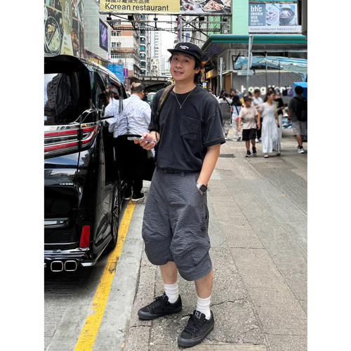美式复古工装休闲七分格子裤男女夏季款宽松慵懒街头感阔腿短裤 - 图0