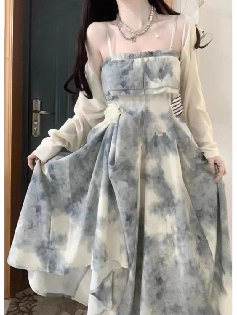 温柔风水墨晕染裹胸裙套装女夏季薄款防晒开衫茶歇法式吊带连衣裙,淘宝优惠券,粉丝福利购,淘宝优惠卷