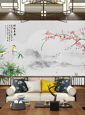 新中式花鸟酒店房间背景墙壁画