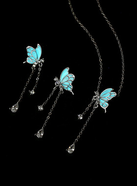 新款原创夜光饰品s925纯银蝴蝶流苏项链简约气质长款锁骨链颈链