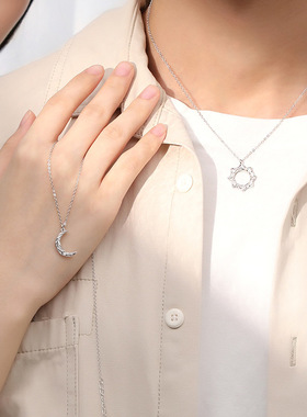 原创冷淡风情侣纯银项链男女日月吊坠锁骨链情人节礼物颈链饰品