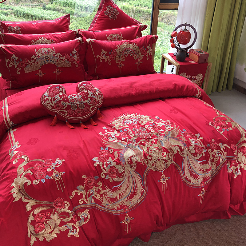 高端140支匹马棉四件套全棉婚庆刺绣被套大红色中式新婚床上用品 - 图1