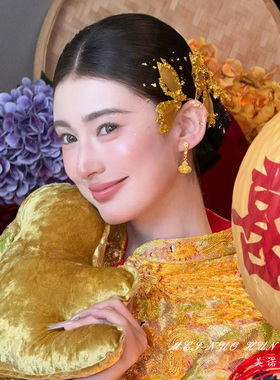 新中式复古金色花朵新娘边夹
