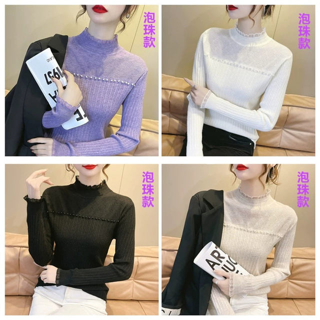 2025 new spring and autumn bottoming shirt for women, half turtleneck, autumn and winter velvet sweater, slim lace inner knitted sweater top
