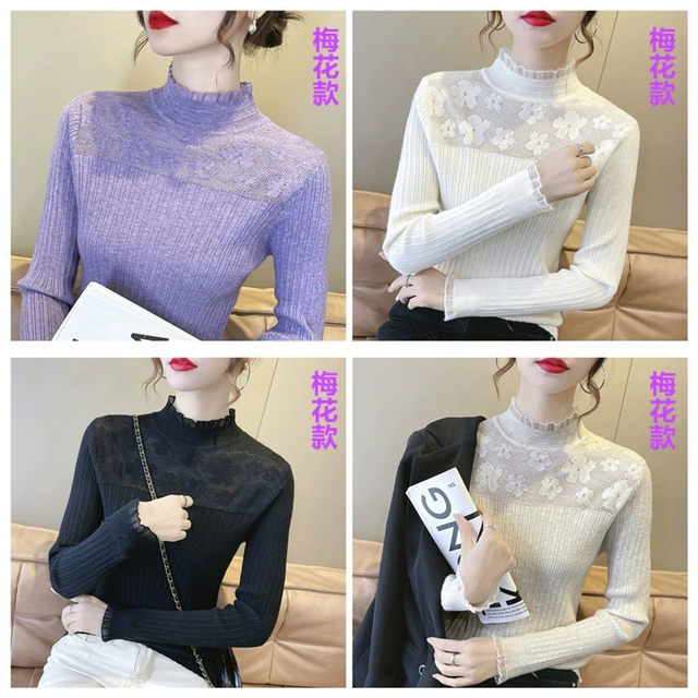 2025 new spring and autumn bottoming shirt for women, half turtleneck, autumn and winter velvet sweater, slim lace inner knitted sweater top