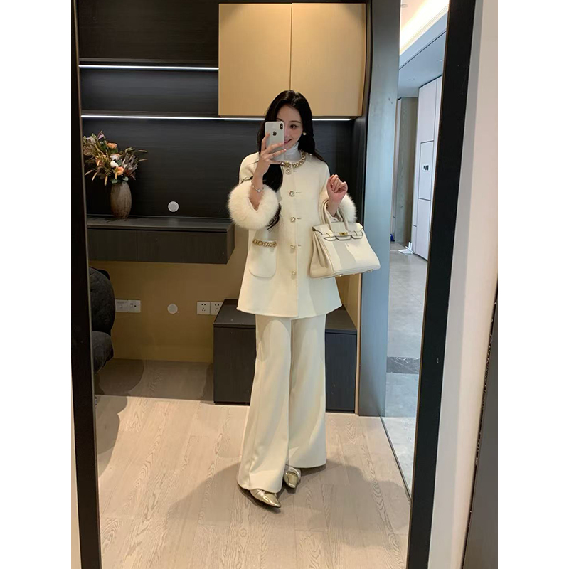 XINYI【玉兰初雪】冬季高定狐狸毛100%绵羊毛双面呢大衣女外套 - 图1