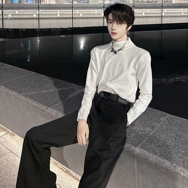 Autumn and winter solid color half turtleneck sweater for men, black inner layer, warm and handsome, small turtleneck bottoming sweater top with velvet