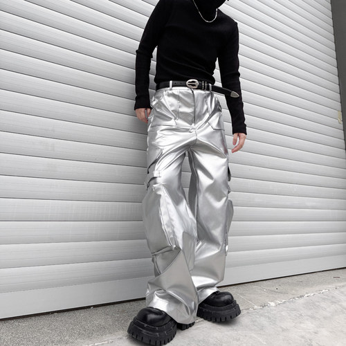 美式hiphop高街银色工装裤男潮牌嘻哈ins痞帅炸街演出舞台装表演 - 图0