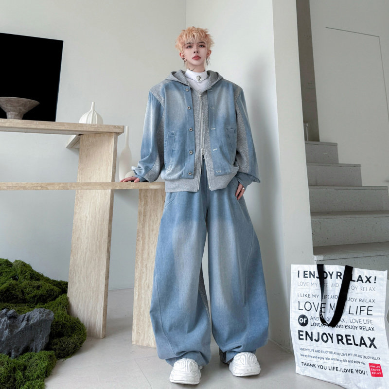 2026春装设计感美式高街撞色拼接牛仔夹克套装男水洗阔腿长裤一套,淘宝优惠券,粉丝福利购,淘宝优惠卷