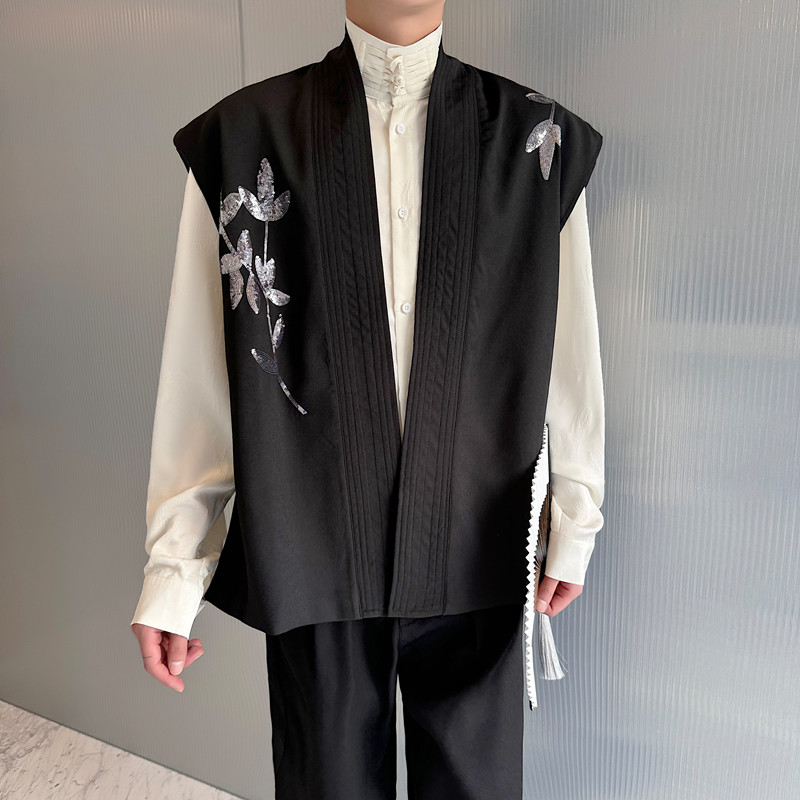 秋装新中式刺绣腰带开衫马甲男亮片设计感坎肩上衣高级感痞帅背心 - 图0