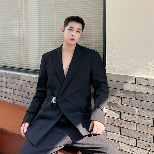 英伦雅痞高级感黑色西装外套男士韩版潮流ins痞帅设计感西服外套 - 图3