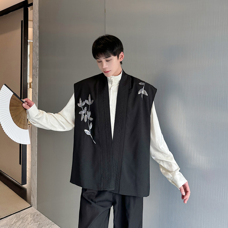 秋装新中式刺绣腰带开衫马甲男亮片设计感坎肩上衣高级感痞帅背心 - 图2