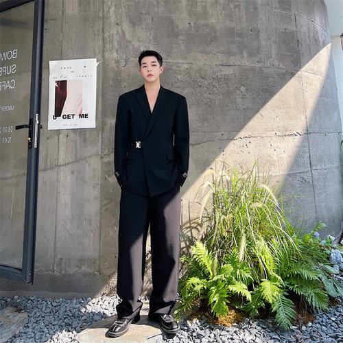 英伦雅痞高级感黑色西装外套男士韩版潮流ins痞帅设计感西服外套 - 图1