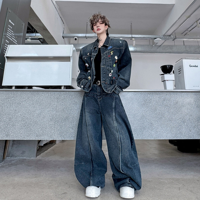 小众重工复古刺绣贴标装饰牛仔夹克外套高级感阔腿弯刀裤两件套潮,淘宝优惠券,粉丝福利购,淘宝优惠卷