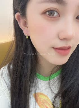 【M】自制手作橄榄绿水晶锆石金豆耳钉14K包金设计稿小巧复古耳饰