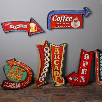 loft美式复古铁艺壁饰LED灯墙饰咖啡店酒吧家居个性装饰品铁皮灯 - 图1