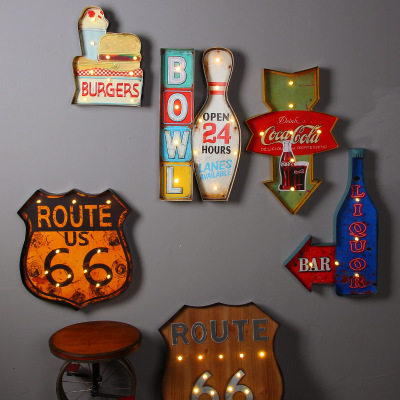 loft美式复古铁艺壁饰LED灯墙饰咖啡店酒吧家居个性装饰品铁皮灯 - 图2