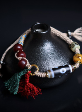 手工编织包浆虎牙天珠手链手编女款饰品民族风文玩手串编绳