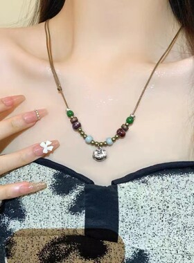 平安是福国潮复古景德镇陶瓷项链女长命锁锁骨链文艺吊坠锁骨链