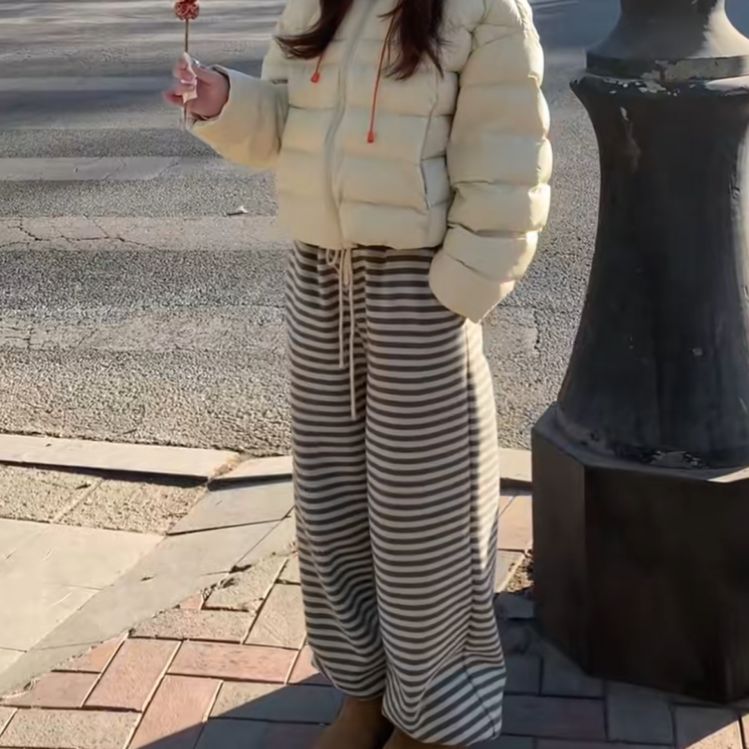 黑白条纹厚实加绒抽绳松紧腰束脚卫裤女冬季时尚百搭显瘦休闲裤子,淘宝优惠券,粉丝福利购,淘宝优惠卷