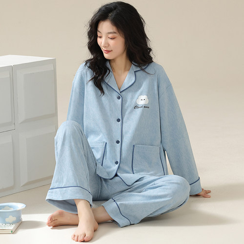 猫人纯棉睡衣女带胸垫春秋新款长袖翻领高级可外穿家居服大码套装 - 图2