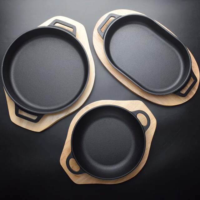 Commercial Teppanyaki plate cheesesteak grill pan thickened round grilled fish plate Korean cast iron double-eared rectangular iron plate plate