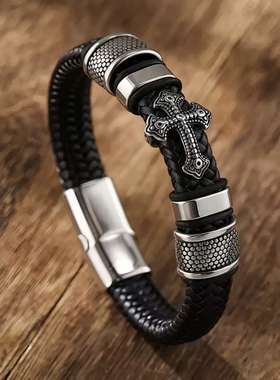 复古钛钢船锚十字架皮革手环情侣