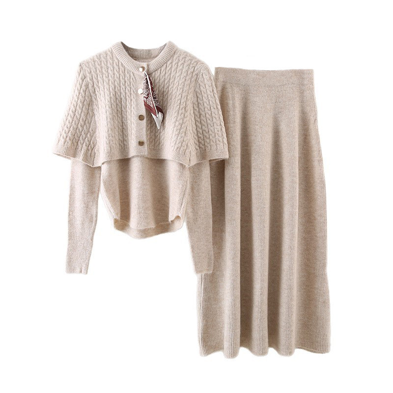 2025秋新款纯色V领长袖打底衫+麻花披肩开衫毛衣+半身长裙三件套,淘宝优惠券,粉丝福利购,淘宝优惠卷