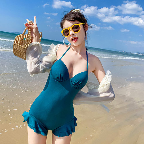 清仓特价泳衣女连体带钢托性感高腰显瘦带罩衫保守泳衣厂家处理 - 图1