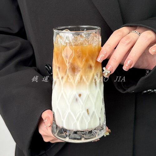 ins风复古高颜值钻石咖啡杯水果茶杯玻璃杯饮料牛奶拿铁气泡水杯 - 图0