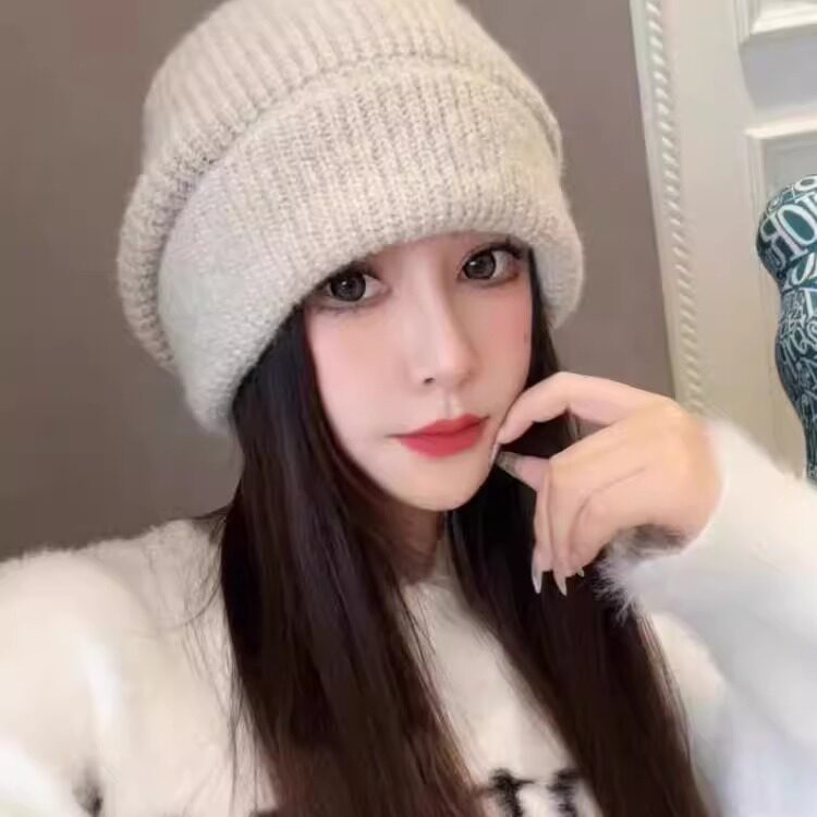 一帽三戴秋冬加厚保暖冷帽大头围堆堆帽贝雷帽百搭显脸小毛线针织
