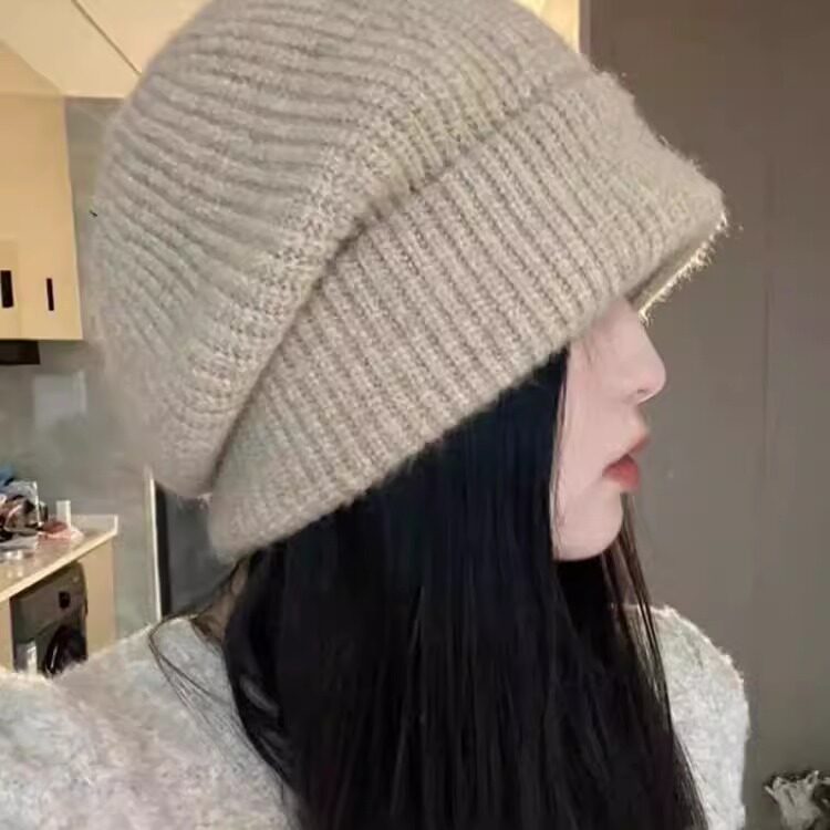 一帽三戴秋冬加厚保暖冷帽大头围堆堆帽贝雷帽百搭显脸小毛线针织