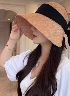 棉麻老钱风空顶遮阳帽子女夏季骑车可扎马尾渔夫帽大檐遮脸太阳帽