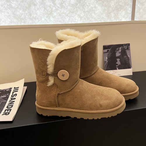 河南桑坡冬季雪地靴女冬加绒加厚真皮保暖皮毛一体中筒一粒扣棉鞋 - 图1