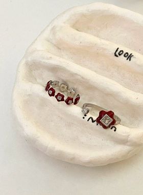 红色滴油花朵樱桃开口戒指