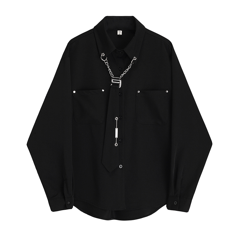 黑色领带衬衫外套女设计感小众2025春装新款宽松美式酷飒风衬衣潮 - 图3