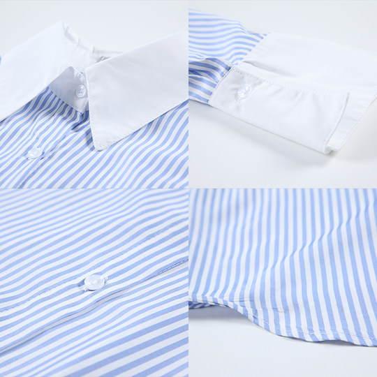 盐系蓝白条纹撞色长袖衬衫女2025春秋设计感小众显瘦百搭宽松上衣