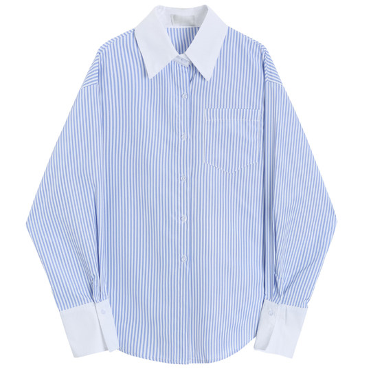 盐系蓝白条纹撞色长袖衬衫女2025春秋设计感小众显瘦百搭宽松上衣