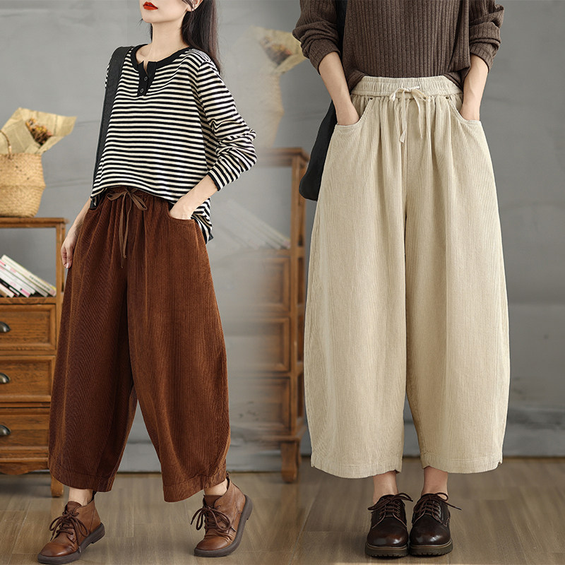 大码胖mm灯芯绒九分阔腿裤女秋冬新款复古休闲宽松高腰显瘦哈伦裤,淘宝优惠券,粉丝福利购,淘宝优惠卷
