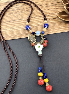复古文艺棉麻陶瓷流苏森系毛衣链