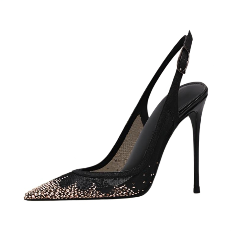 裸黑色网纱皇冠形状烫钻尖头后空绊带高跟凉鞋性感包头新款大码鞋,淘宝优惠券,粉丝福利购,淘宝优惠卷
