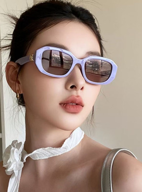 韩版紫色甜妹猫眼方形窄框太阳眼镜女凹造型拍照防晒圆脸显瘦墨镜