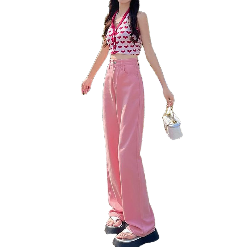 粉色阔腿牛仔裤女直筒宽松薄款高腰显瘦加长彩色垂感裤子 - 图3