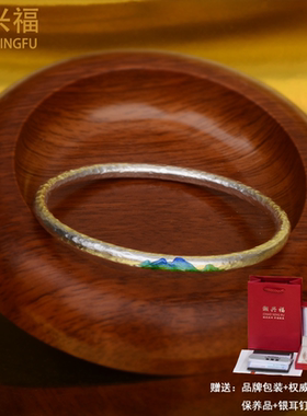 纯银999锤纹千里江山手镯